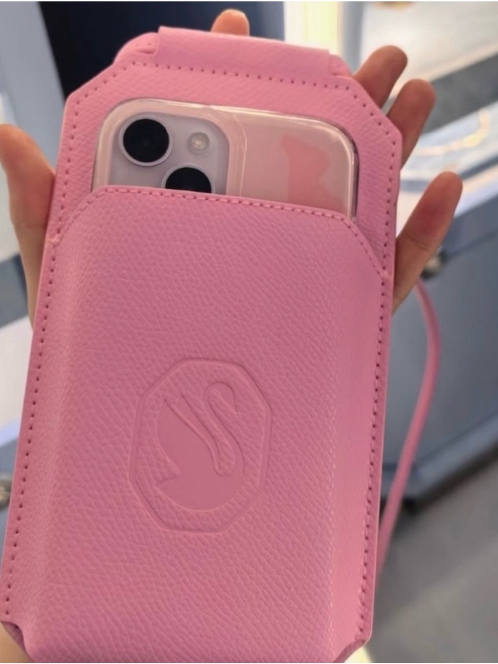 Swarovski Pink Crossbody Phone Pouch with Embossed Logo